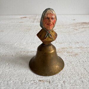 Vintage Brass Simple Design Bell with Folk Art Carved Lady On Top